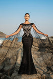 Black Mermaid Evening Dress with Sparkly Sequin Cape Sleeves
