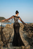 Black Mermaid Evening Dress with Sparkly Sequin Cape Sleeves