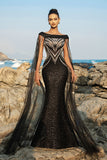 Black Mermaid Evening Dress with Sparkly Sequin Cape Sleeves