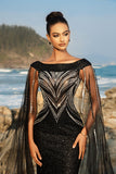 Black Mermaid Evening Dress with Sparkly Sequin Cape Sleeves