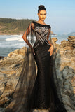 Black Mermaid Evening Dress with Sparkly Sequin Cape Sleeves