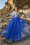 Royal Blue Appliqued Tulle Evening Dress
