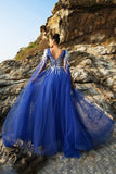 Royal Blue Appliqued Tulle Evening Dress