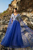 Royal Blue Appliqued Tulle Evening Dress