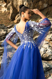 Royal Blue Appliqued Tulle Evening Dress