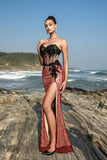 Burgundy Strapless Mermaid Evening Dress with Slit