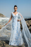 Blue V-Neck Sheath Evening Dress with Cape Sleeves