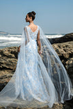 Blue V-Neck Sheath Evening Dress with Cape Sleeves