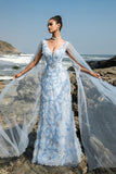 Blue V-Neck Sheath Evening Dress with Cape Sleeves
