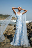 Blue V-Neck Sheath Evening Dress with Cape Sleeves