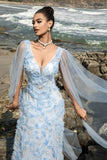 Blue V-Neck Sheath Evening Dress with Cape Sleeves