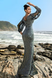 Sparkly Green Mermaid Evening Dress with 3/4 Sleeves
