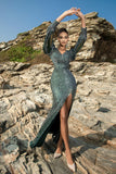 Sparkly Green Mermaid Evening Dress with 3/4 Sleeves