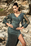 Sparkly Green Mermaid Evening Dress with 3/4 Sleeves