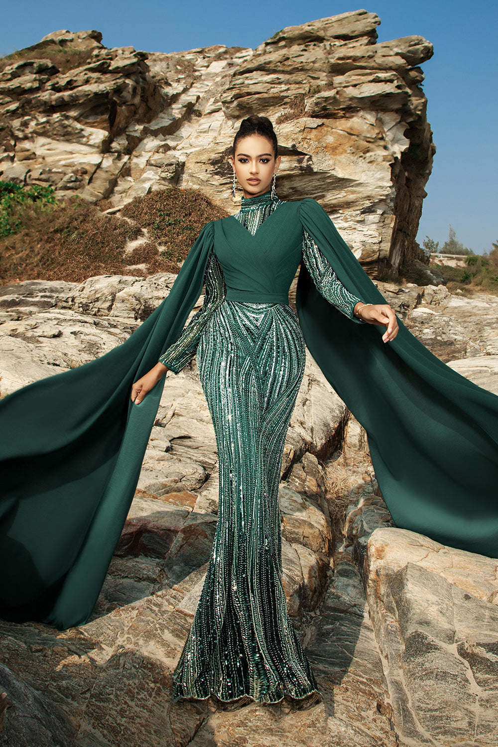 WEDTREND Women Sparkly Evening Dress with Sleeves Dark Green Cape Mermaid Prom Dress Wedtrend UK WEDTREND Women Sparkly Evening Dress with Sleeves Dark Green Cape Mermaid Prom Dress Wedtrend UK