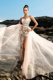 Shimmer Blush Spaghetti Strap Mermaid Evening Dress with Cape