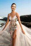 Shimmer Blush Spaghetti Strap Mermaid Evening Dress with Cape