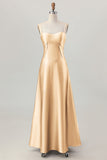 Coffee A-Line Spaghetti Straps Long Bridesmaid Dress with Lace Up Back