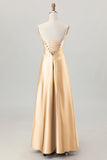 Dusty Sage A-Line Spaghetti Straps Satin Long Bridesmaid Dress with Lace Up Back