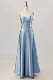 Coffee A-Line Spaghetti Straps Long Bridesmaid Dress with Lace Up Back