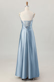 Coffee A-Line Spaghetti Straps Long Bridesmaid Dress with Lace Up Back
