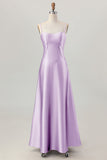 Coffee A-Line Spaghetti Straps Long Bridesmaid Dress with Lace Up Back