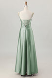 Coffee A-Line Spaghetti Straps Long Bridesmaid Dress with Lace Up Back