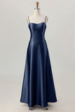 Coffee A-Line Spaghetti Straps Long Bridesmaid Dress with Lace Up Back