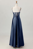 Coffee A-Line Spaghetti Straps Long Bridesmaid Dress with Lace Up Back