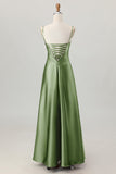 Coffee A-Line Spaghetti Straps Long Bridesmaid Dress with Lace Up Back