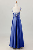 Dusty Sage A-Line Spaghetti Straps Satin Long Bridesmaid Dress with Lace Up Back