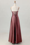 Coffee A-Line Spaghetti Straps Long Bridesmaid Dress with Lace Up Back