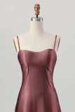 Coffee A-Line Spaghetti Straps Long Bridesmaid Dress with Lace Up Back