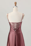 Coffee A-Line Spaghetti Straps Long Bridesmaid Dress with Lace Up Back