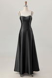 Coffee A-Line Spaghetti Straps Long Bridesmaid Dress with Lace Up Back