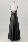 Dusty Sage A-Line Spaghetti Straps Satin Long Bridesmaid Dress with Lace Up Back