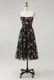 Black Pink Floral A Line Strapless Midi Bridesmaid Dress