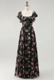 Black Pink Flower A-Line Square Neck Printed Long Bridesmaid Dress with Flutter Sleeves