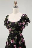 Black Pink Flower A-Line Square Neck Printed Long Bridesmaid Dress with Flutter Sleeves