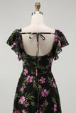 Black Pink Flower A-Line Square Neck Printed Long Bridesmaid Dress with Flutter Sleeves