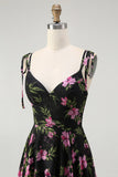 Black Pink Floral Tiered Chiffon Long Bridesmaid Dress with Adjustable Straps
