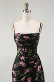 Black Pink Flower Corset Chiffon Long Bridesmaid Dress with Side Streamer
