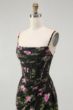 Black Pink Flower Corset Chiffon Long Bridesmaid Dress with Side Streamer