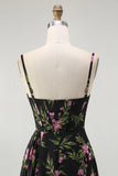 Black Pink Flower Corset Chiffon Long Bridesmaid Dress with Side Streamer