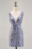Sparkly Lilac V-Neck Sequins Bodycon Short Prom Dress