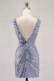 Sparkly Lilac V-Neck Sequins Bodycon Short Prom Dress