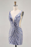 Sparkly Lilac V-Neck Sequins Bodycon Short Prom Dress