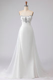 Strapless White Beaded A Line Long Prom Dress