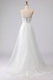 Strapless White Beaded A Line Long Prom Dress