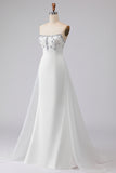 Strapless White Beaded A Line Long Prom Dress